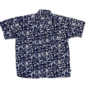 FUBU Button Up Short Sleeve Shirt All Over Blue Print Mens 2X Beach Hawaiian Y2K